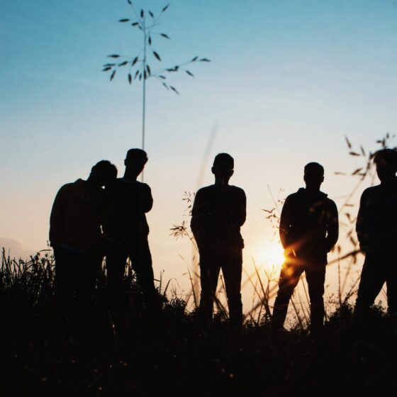 silhouette group of people standing on grass field