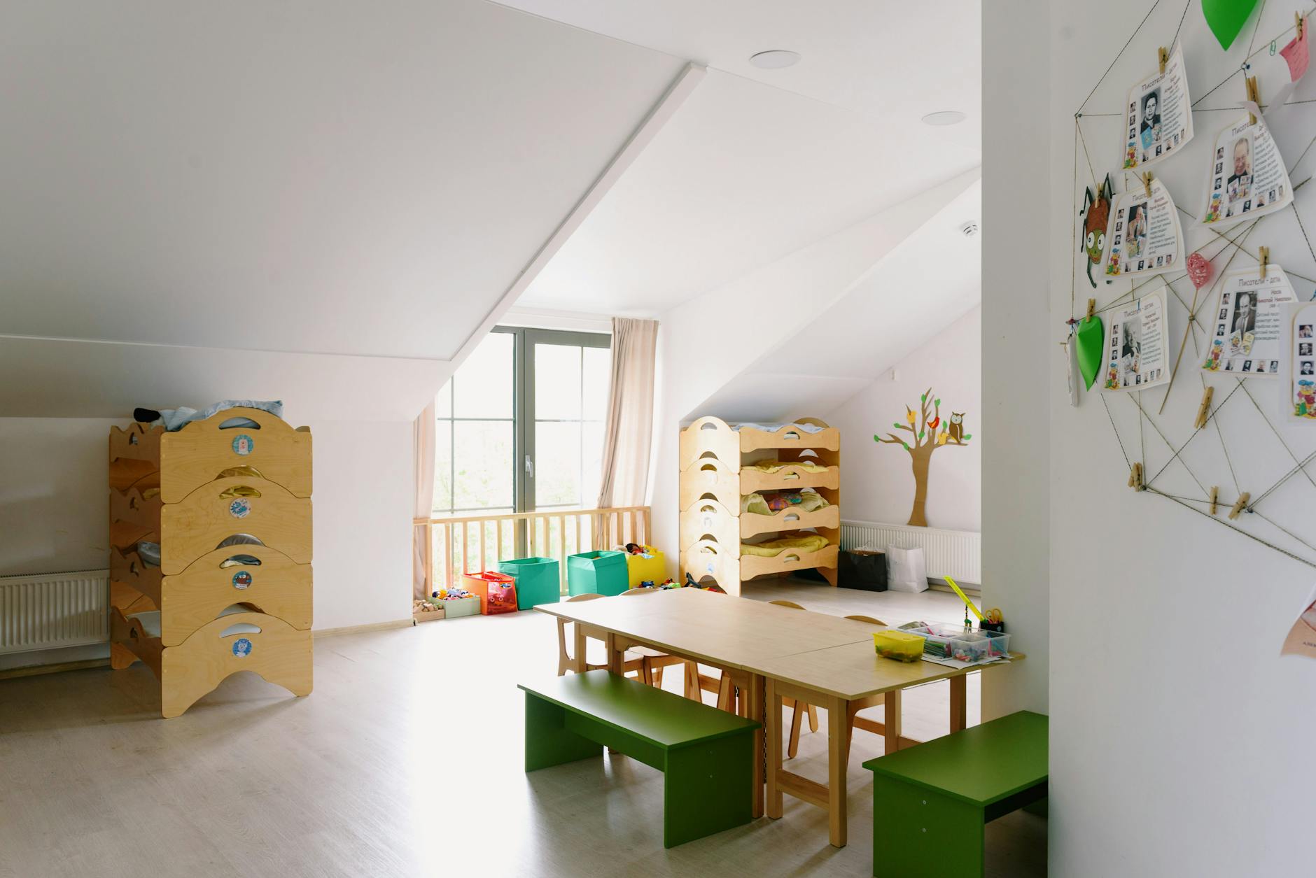 wooden table with green bench